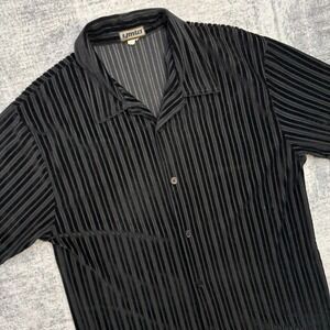 VTG YMLA Shirt Mens Large Black Velvet Burnout Button Up Disco Party Rave 90s